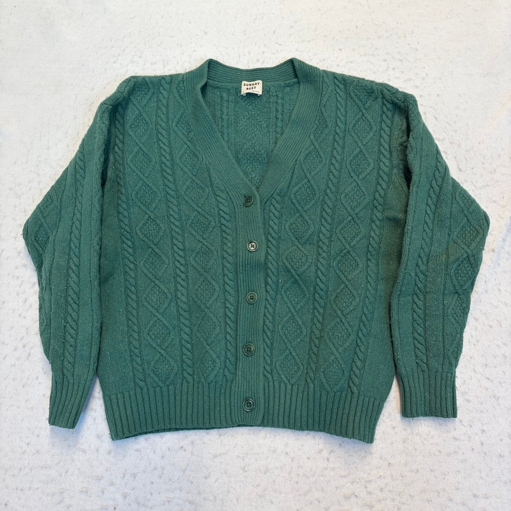 Sunday Best Cable Knit Cardigan Womens XS Green Merino Wool Blend V-Neck